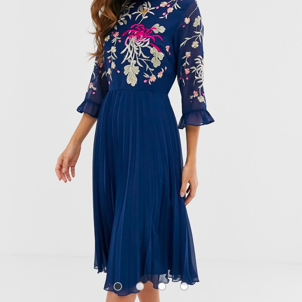 ASOS DESIGN embroidered pleated midi dress with fluted sleeve in navy size 12